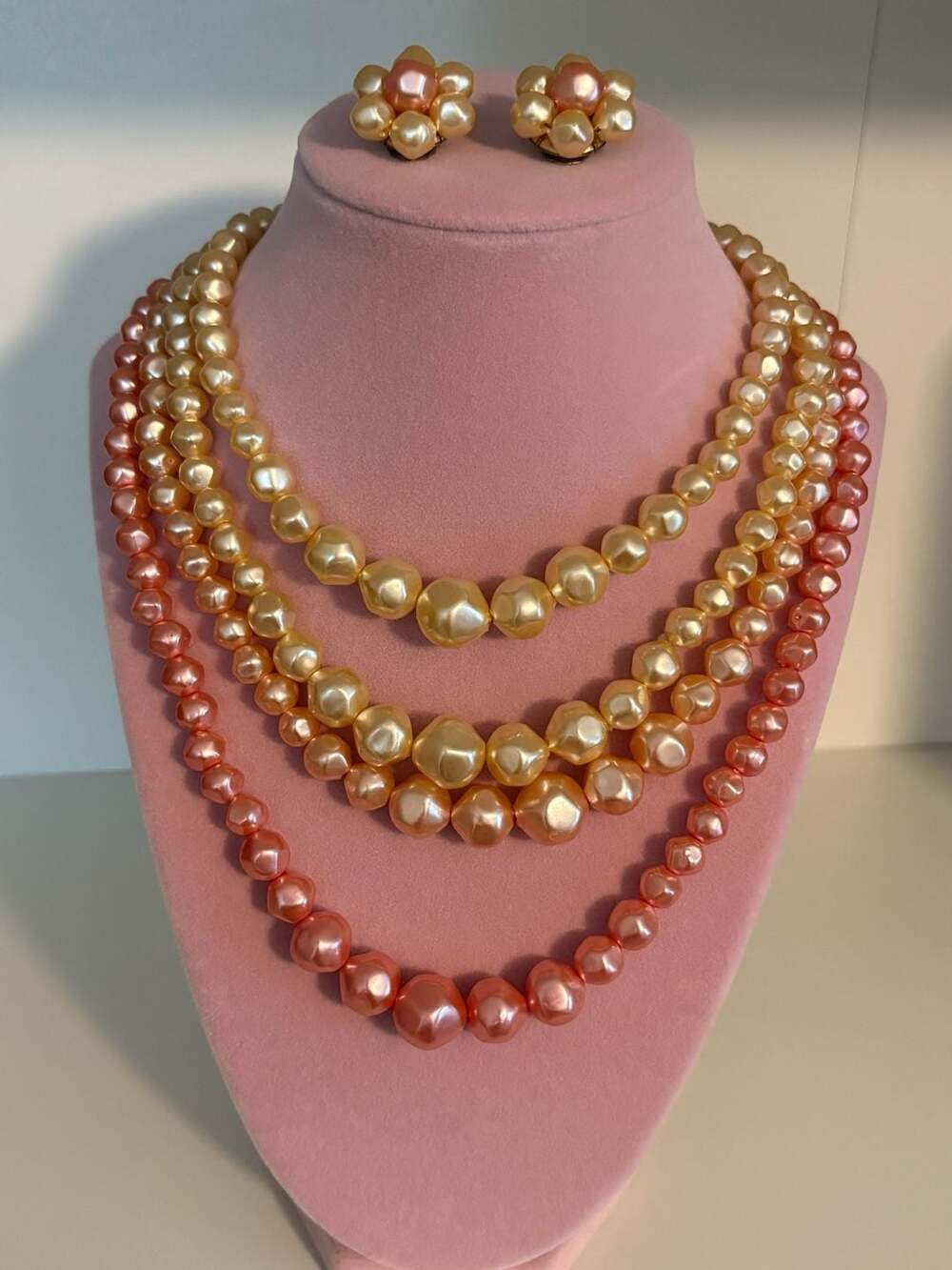 Vintage Hong Kong Faux Pearl Multi-Strand Necklace and Clip-On Earring Set